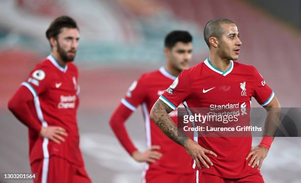 Thiago of Liverpool looks dejected during the Premier League match between Liverpool and Everton at Anfield on February 20, 2021 in Liverpool,...