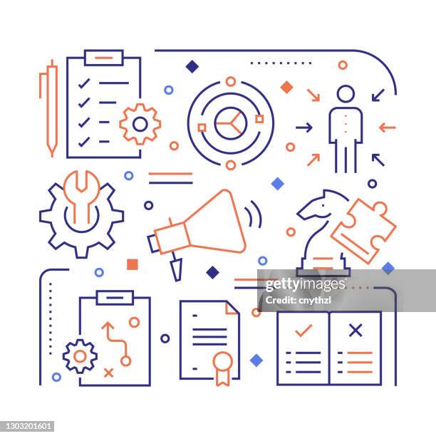 product management related modern linear design vector illustration for web banner, website header, brochure, annual report etc. - inventory management system stock illustrations