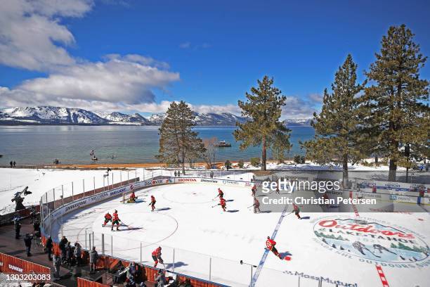 The Vegas Golden Knights skate in warm-ups prior to the game against the Colorado Avalanche during the NHL Outdoors at Lake Tahoe at the Edgewood...