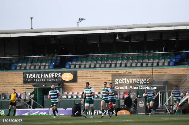 Ealing take to the field prior to the Trailfinders Challenge Cup match between Ealing Trailfinders and Doncaster Knights on February 20, 2021 in...