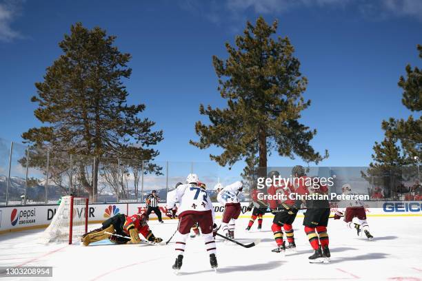 The Vegas Golden Knights skate against the Colorado Avalanche during the NHL Outdoors at Lake Tahoe at the Edgewood Tahoe Resort on February 20, 2021...