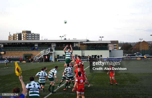 General view of play during the Trailfinders Challenge Cup match between Ealing Trailfinders and Doncaster Knights on February 20, 2021 in Ealing,...