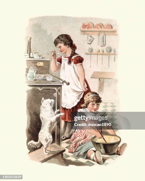 girls learning to cook and bake in the kitchen, victorian 1890s, 19th century - baked stock illustrations