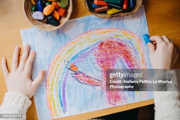 child's drawing of a rainbow and of a girl holding a butterfly in her hands. - coloring in stock pictures, royalty-free photos & images