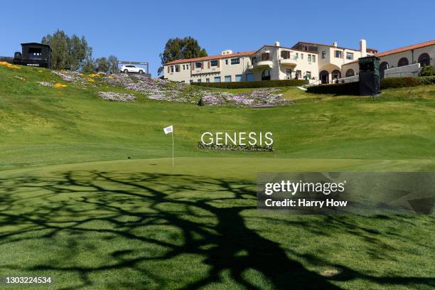 General view of the 18th green during the third round of The Genesis Invitational at Riviera Country Club on February 20, 2021 in Pacific Palisades,...