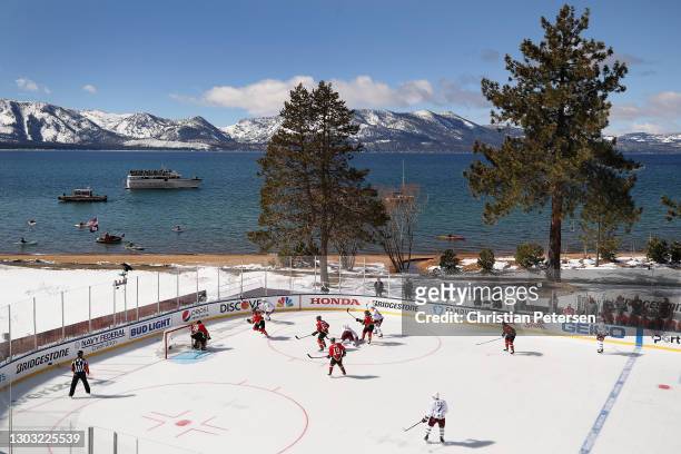 General view of action between the Vegas Golden Knights and the Colorado Avalanche during the 'NHL Outdoors At Lake Tahoe' at the Edgewood Tahoe...