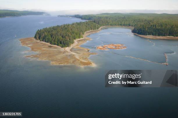 aerial view of the remote coastline of the queen charlotte islands, british columbia, canada - queen charlotte islands stock pictures, royalty-free photos & images