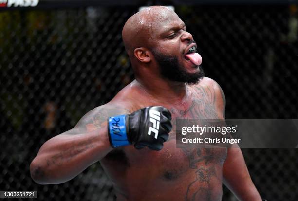 Derrick Lewis reacts after his knockout victory over Curtis Blaydes in a heavyweight bout during the UFC Fight Night event at UFC APEX on February...