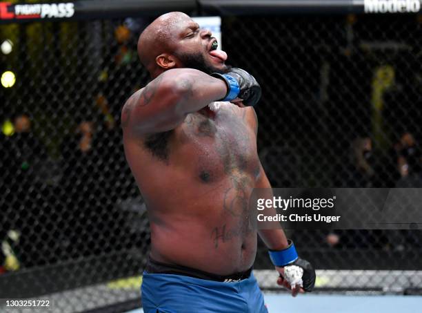 Derrick Lewis reacts after his knockout victory over Curtis Blaydes in a heavyweight bout during the UFC Fight Night event at UFC APEX on February...