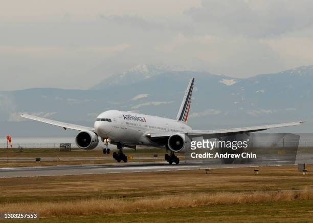 Air France flight AF74 from Paris lands at Vancouver International Airport on February 20, 2021 in Richmond, British Columbia, Canada. Air travellers...
