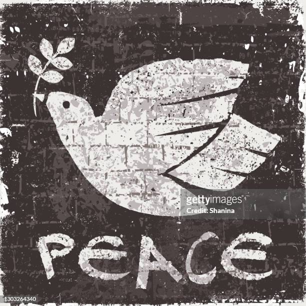 ilustraciones, imágenes clip art, dibujos animados e iconos de stock de paloma de la paz en una pared pintada de negro - símbolo de la paz
