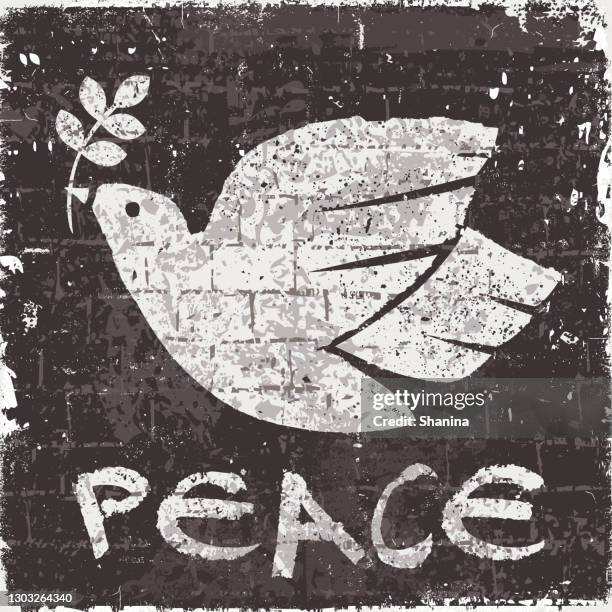 dove of peace on a black painted wall - olive branch stock illustrations