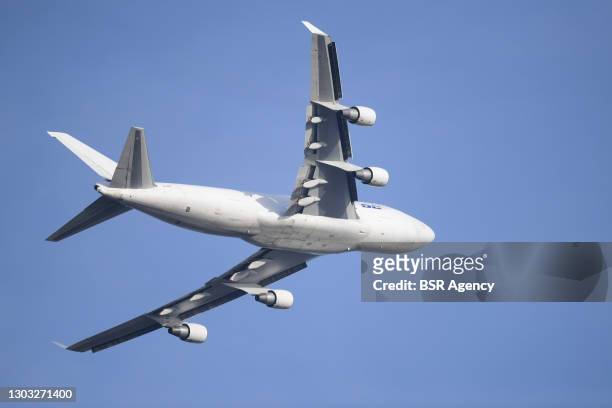Longtail Aviation Boeing 747 cargo airplane is seen just after take off from Maastricht Aachen Airport on February 20, 2021 in Maastricht,...
