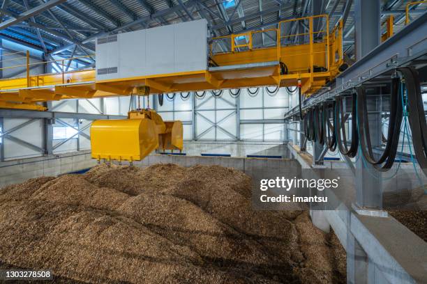 stapels houtsnippers in opslag - biomass renewable energy source stockfoto's en -beelden