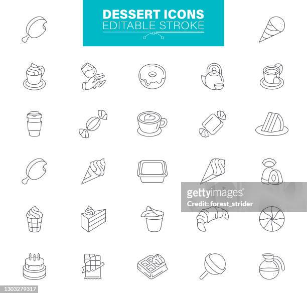 ilustrações, clipart, desenhos animados e ícones de ícones de sobremesa golpe editável. para mobile e web. contém ícones como bolo, rosquinha, sorvete, queijo, torta - macaroon
