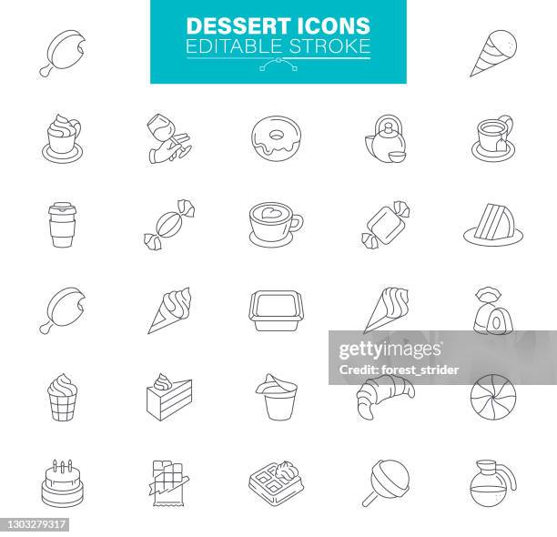 dessert icons editable stroke. for mobile and web. contains such icons as cake, doughnut, ice cream, cheese, pie - macaroon stock illustrations