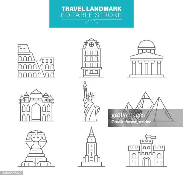 reise-landmark-symbole, bearbeitbarer strich - pagoda stock-grafiken, -clipart, -cartoons und -symbole