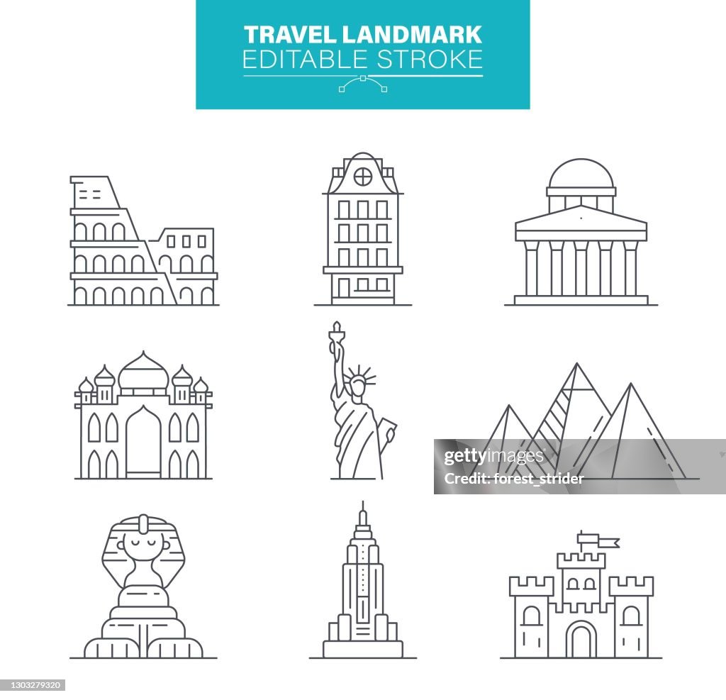 Travel Landmark Icons, Editable Stroke