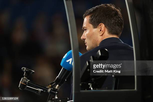Umpire Nico Helwerth looks on as Novak Djokovic of Serbia competes in his Men’s Singles Final match against Daniil Medvedev of Russia during day 14...