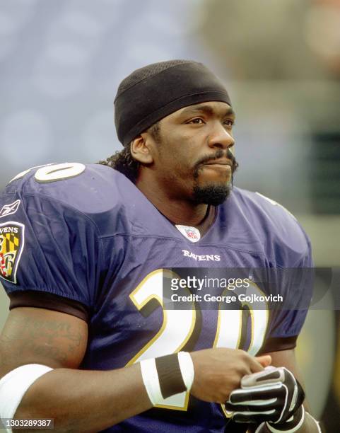 Safety Ed Reed of the Baltimore Ravens looks on from the field before a game against the Jacksonville Jaguars at Ravens Stadium on October 20, 2002...