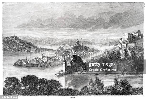 city of passau germany 1863 - passau germany stock illustrations