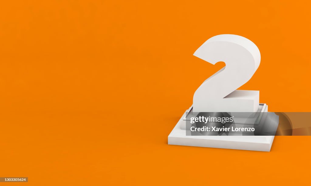 3D illustration. White number 2 on pedestal isolated on orange background