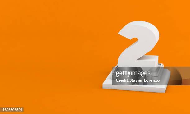 3d illustration. white number 2 on pedestal isolated on orange background - 3d number 2 stock pictures, royalty-free photos & images