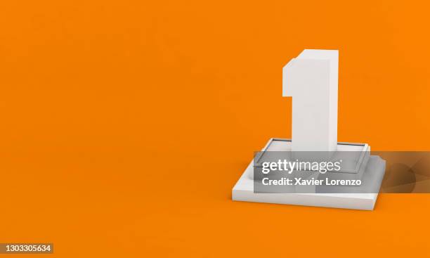 3d illustration. white number 1 on pedestal isolated on orange background - first light awards stockfoto's en -beelden