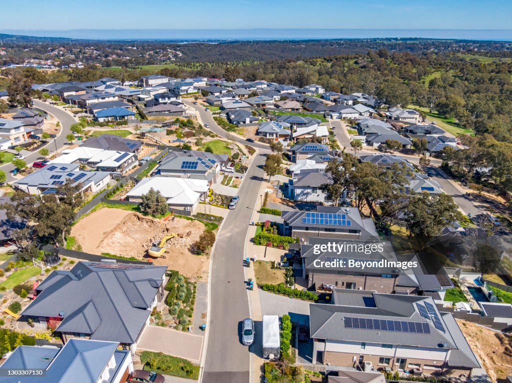 Aerial view of new wealthy homes in Adelaide foothills
