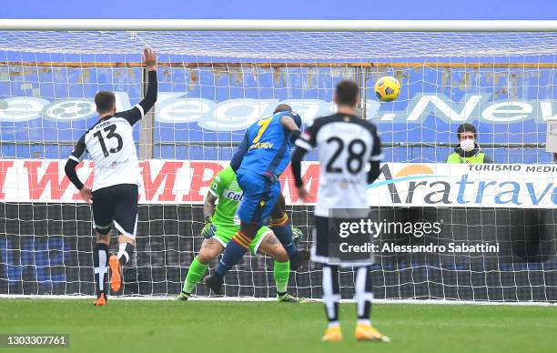 Stefano Okaka of Udinese Calcio scores their side's first goal during the Serie A match between Parma Calcio and Udinese Calcio at Stadio Ennio...