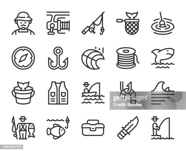 angeln - liniensymbole - angeln am see stock-grafiken, -clipart, -cartoons und -symbole