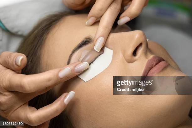 lash lamination treatment in the salon - brow lamination stock pictures, royalty-free photos & images