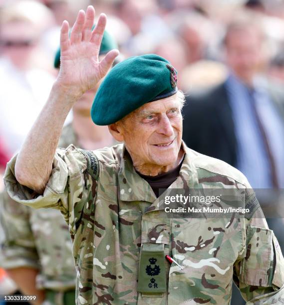 Prince Philip, Duke of Edinburgh attends the Afghanistan Operational Service Medals Parade for 40 Commando Royal Marines at Norton Manor Camp on May...