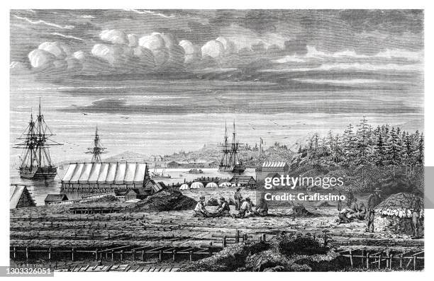 cod preparation at cap rouge bay newfoundland canada 1863 - canada history 1800s stock illustrations