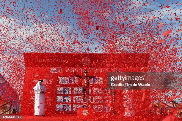 Podium / Mathieu van der Poel of The Netherlands and Team Alpecin-Fenix Red Leader Jersey Celebration / during the 3rd UAE Tour 2021, Stage 1 a 176km...
