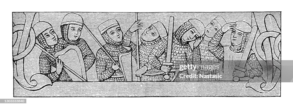 Peinture de parchemin autour de 1250 : Sept guerriers en tant que dirigeants à la tombe sainte.