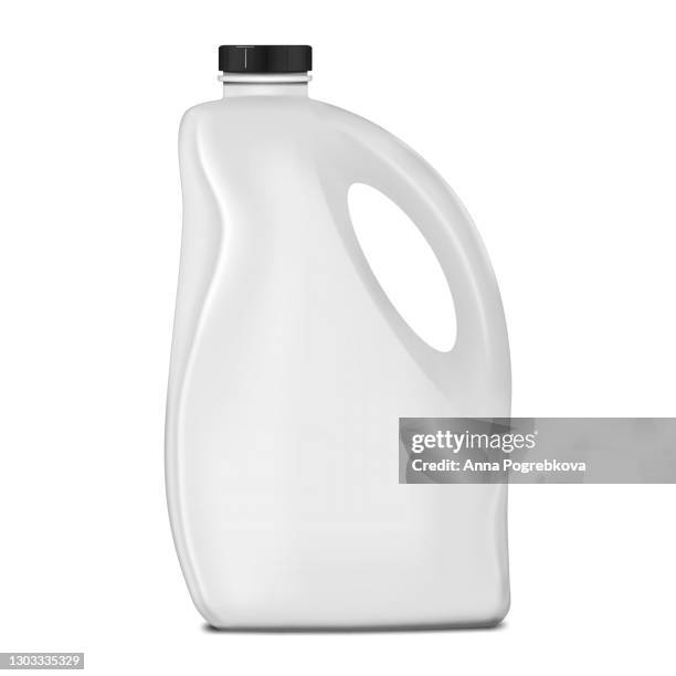 white blank plastic jerry can with black screw cap isolated on white background, mockup. large bottle with handle, vector mock-up. liquid product package, template - fabric softener bottle stock illustrations