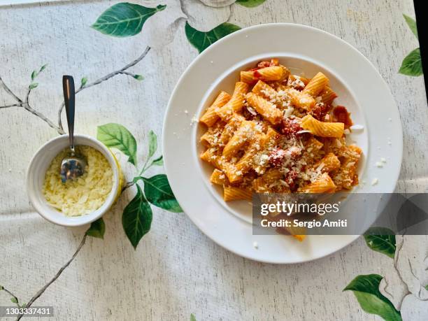 rigatoni all’amatriciana and pecorino cheese - pancetta stock pictures, royalty-free photos & images