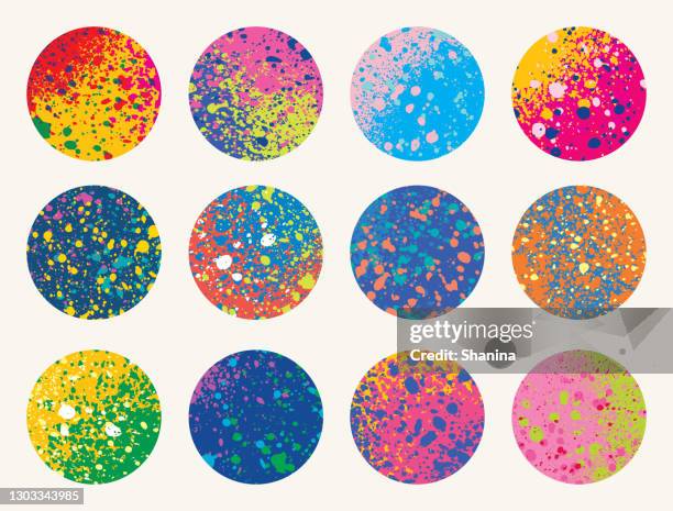 set of circles made of paint spray splatters texture - colourful graffiti stock illustrations