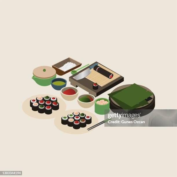 isometric maki sushi making - sushi plate stock illustrations