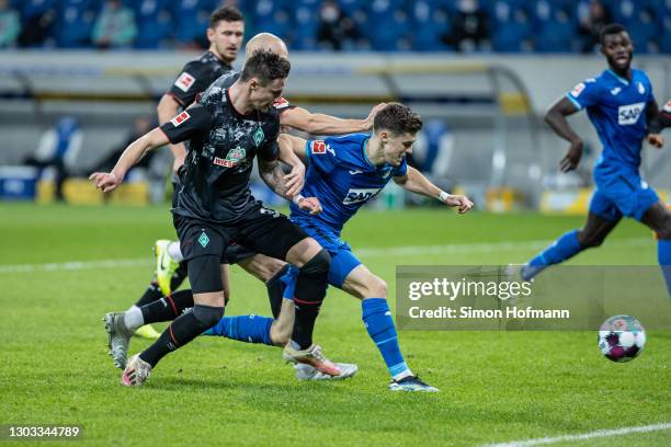 Christopher Baumgartner of Hoffenheim scores his team's second goal during the Bundesliga match between TSG Hoffenheim and SV Werder Bremen at...