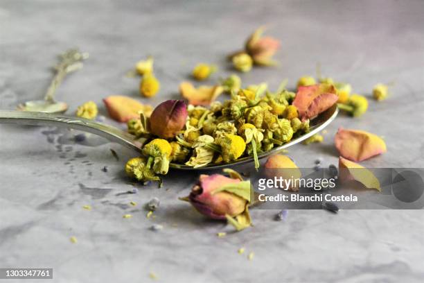 flower petal tea on a spoon - chamomile tea 個照片及圖片檔