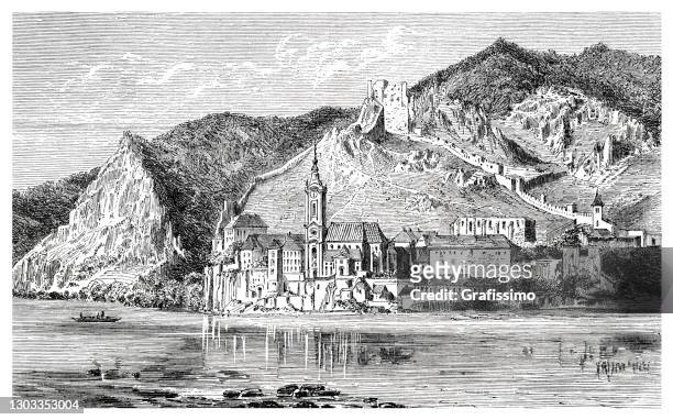 dürnstein with river danube in austria 1863 - lower austria stock illustrations
