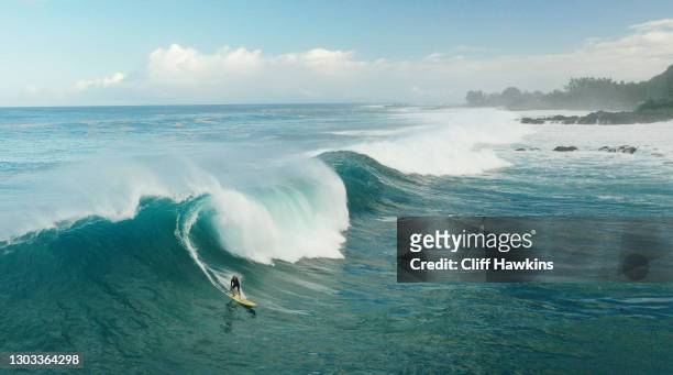 An aerial view of surfing at Banzai Pipeline on January 16, 2021 in Haleiwa, Hawaii.