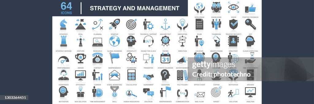 Collection universelle moderne d’icônes de stratégie d’affaires et de gestion