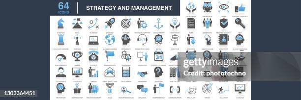 bildbanksillustrationer, clip art samt tecknat material och ikoner med modern universell affärsstrategi och hanteringsikonsamling - ledarskap