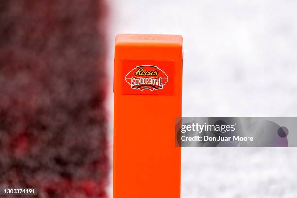 General view of an end zone pylon during the 2021 Resse's Senior Bowl at Hancock Whitney Stadium on the campus of the University of South Alabama on...