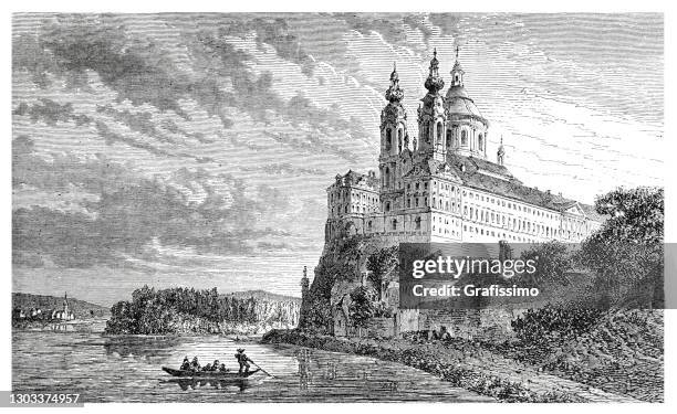 melk benedictine abbey at melk austria with river danube 1863 - wachau valley austria stock illustrations