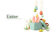 Easter day design. Realistic blue gifts boxes. Open gift box full of decorative festive object. Holiday banner, web poster, flyer, stylish brochure, greeting card, cover. Spring Easter background
