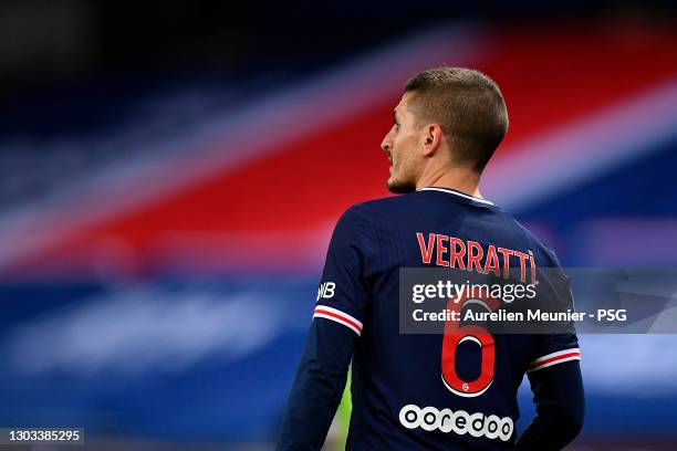 Marco Verratti of Paris Saint-Germain looks on during the Ligue 1 soccer match between Paris Saint-Germain and AS Monaco at Parc des Princes on...